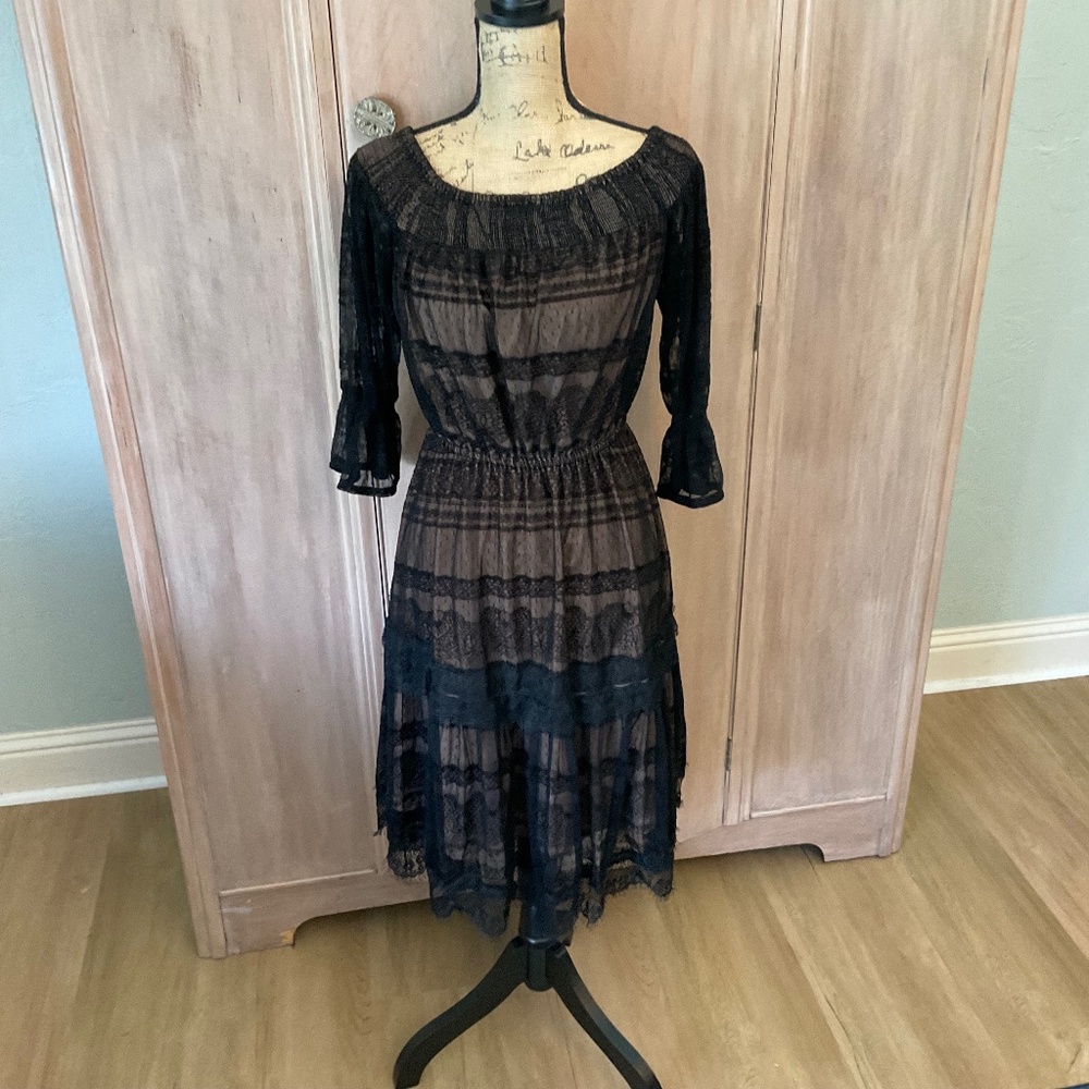 ANTHROPOLOGIE black lace midi dress layered mesh sheer whimsigoth fairy stretch